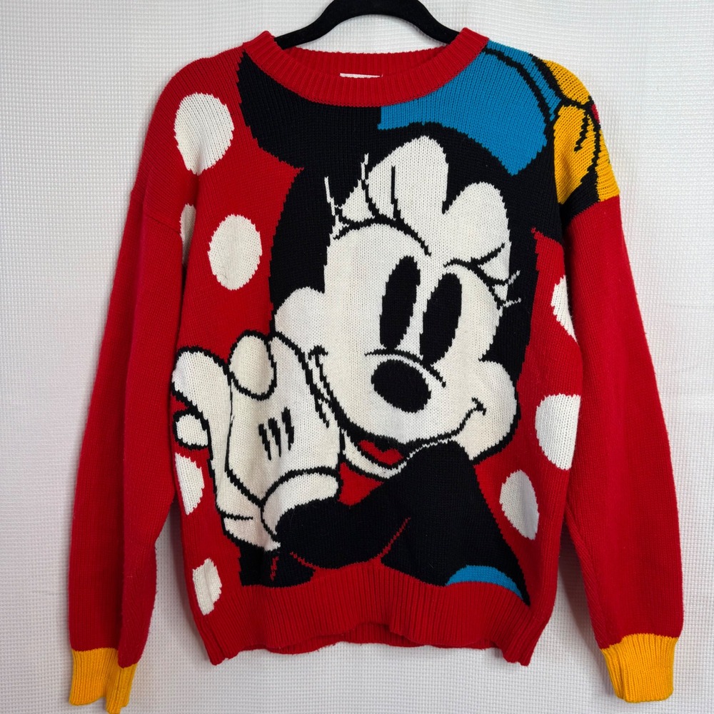 Vintage 90s Mickey & Co Minnie Mouse Knit Sweater Red Polka Dot Pullover Medium